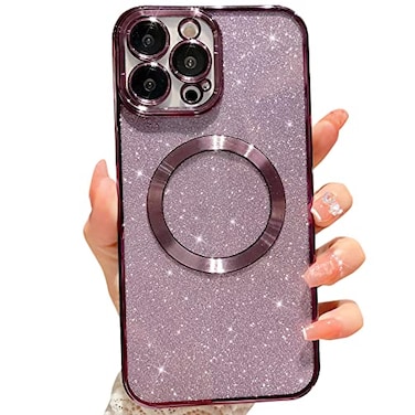 MGQILING Compatible with iPhone 12 Pro Max Magnetic Glitter Case Luxury Plating Cute Bling Clear Phone Case Compatible with MagSafe for Women Girls with Camera Protector Back Cover Purple