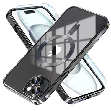 Misea Magnetic for iPhone 15 Case Compatible with MagSafe Never Yellowing Military Grade Drop Protection Full Camera Lens Protector Plating Soft Clear Phone Case for Women Black