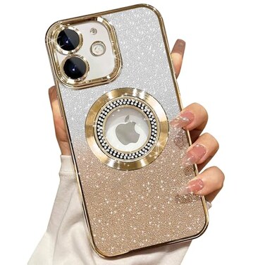 Misscase for iPhone 12 Magnetic Glitter Case Compatible with MagSafeFull Protection Slim Shockproof AntiScratch Case with Camera Lens Protector Logo View DustProof Net for Women Gold