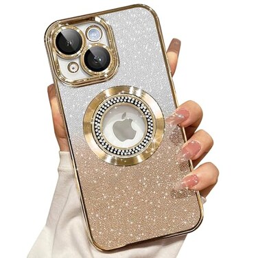 Misscase for iPhone 15 Magnetic Glitter Case Compatible with MagSafeFull Protection Slim Shockproof AntiScratch Case with Camera Lens Protector Logo View DustProof Net for Women Gold