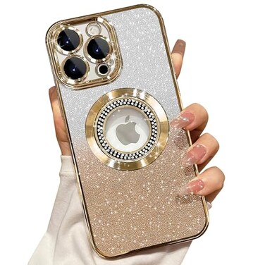 Misscase for iPhone 15 Pro Magnetic Glitter Case Compatible with MagSafeFull Protection Slim Shockproof AntiScratch Case with Camera Lens Protector Logo View DustProof Net for Women 61 Inch Gold