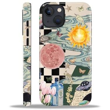 MQJCYB Compatible with iPhone 14 13 Case Hybrid Heavy Duty 2 in 1 Full Body Rugged Shockproof Protection Glossy Case for iPhone 14 13 Aesthetic Collage Moon and Sun