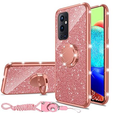 nancheng for OnePlus 9 pro 5G Case 2021 Cute Girls Women Glitter Soft TPU Cover with Ring Kickstand Strap Lanyard Shockproof Protective Phone Case Rose Gold