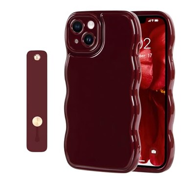 NITITOP Compatible with iPhone 14 Plus Case Cute Simple Wave Design Stylish Wavy Curly Frame with Wrist Adjustable Hand Strap Kickstand Grip Holder Soft Silicone Protective Cover Wine Red