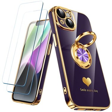 Nonional Compatible for iPhone 14 Case with 2 Pack Screen Protector 360 Rotatable Ring Holder Luxury Hearts Pattern Plating Gold Edge Slim Soft Phone Cover Case for iPhone 14 Purple