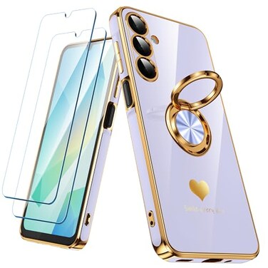 Nonional for Samsung Galaxy A16 5G Case with 2 Pack Screen Protector 360 Rotatable Ring Holder Luxury Hearts Pattern Plating Gold Edge Slim Soft Phone Cover Case for Galaxy A16 Lavender