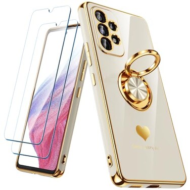 Nonional for Samsung Galaxy A53 5G Case with 2 Pack Screen Protector 360 Rotatable Ring Holder Luxury Hearts Pattern Plating Gold Edge Slim Soft Phone Cover Case for Galaxy A53 White