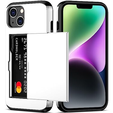 Nvollnoe for iPhone 14 Case with Card Holder Heavy Duty Protective Dual Layer Shockproof Hidden Card Slot Slim Wallet Case for iPhone 14 for WomenMenWhite