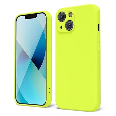oakxco for iPhone 13 Mini Phone Case Liquid Silicone Fluorescent Bright Solid Color Cute Thin Slim Soft Rubber TPU Plain Smooth Gel Matte Protective Cover for Women Girl Aesthetic Neon Green Lime