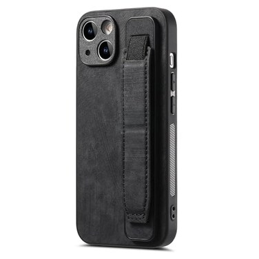 Omio Designed for iPhone 13 Leather Case with Stand Strap Wrist Strap Leather Back Cover Hard PC Shockproof Finger Grip Case for Men Women Girls Black