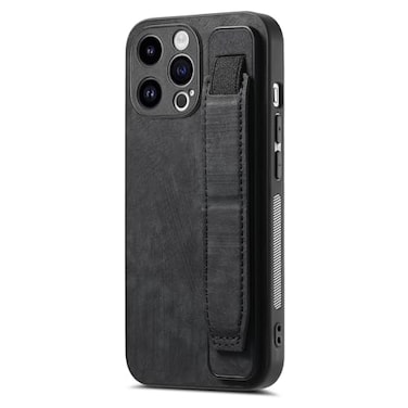Omio Designed for iPhone 13 Pro Leather Case with Stand Strap Wrist Strap Leather Back Cover Hard PC Shockproof Finger Grip Case for Men Women Girls Black