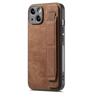 Omio Designed for iPhone 15 Leather Case with Stand Strap Wrist Strap Leather Back Cover Hard PC Shockproof Finger Grip Case for Men Women Girls Brown