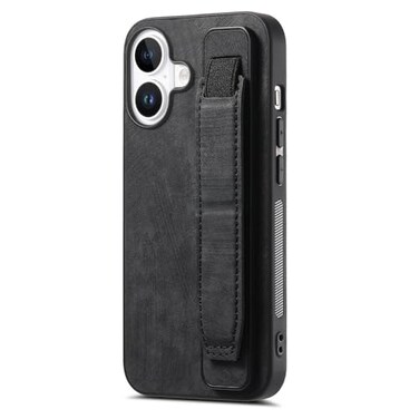Omio Designed for iPhone 16 Plus Leather Case with Stand Strap Wrist Strap Leather Back Cover Hard PC Shockproof Finger Grip Case for Men Women Girls Black