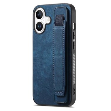 Omio Designed for iPhone 16 Plus Leather Case with Stand Strap Wrist Strap Leather Back Cover Hard PC Shockproof Finger Grip Case for Men Women Girls Blue