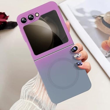 Omio Magnetic Silicone Case for Samsung Galaxy Z Flip 6 Compatible with MagSafe Luxury Gradient Design Soft Liquid Silicone with Camera Lens Protector Shockproof Cover for Women Men PurpleGray