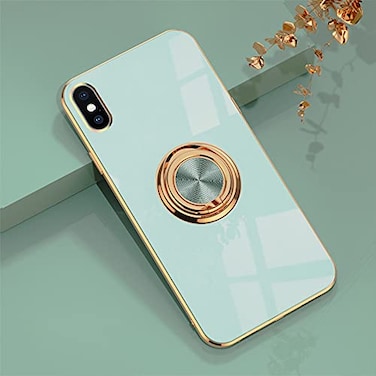 Omorro for iPhone XXs Case for Women Ring Holder 360 TPU Rotation Kickstand Rings Cases with Stand Glitter Plating Rose Gold Edge Work with Magnetic Mount Slim Sleek Luxury Case Girly Teal