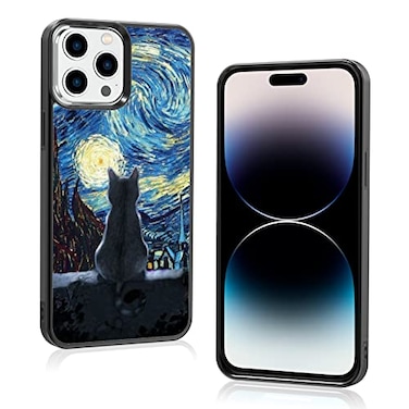 Onemiliayears Black Cute Cat 14 Pro Max Case 67 Inch Van Gogh Cute Cat Case NonSlip Pattern Design and Shock Absorption Soft Silica Gel Frame Support Black Case for Teen Girls and Sisters