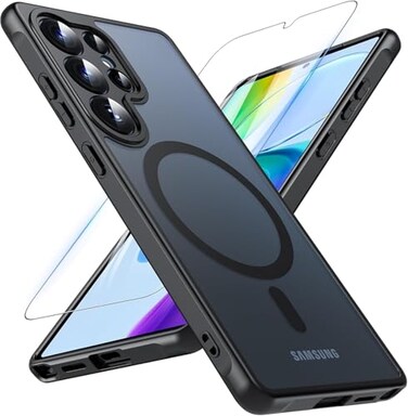 OWKEY Samsung Galaxy S25 Ultra Case 686 Magnetic S25 Ultra Case for Magsafe with Tempered Glass Screen Shockproof Military Translucent Back Slim Bumper Cover Phone Case Galaxy S25 Ultra Black