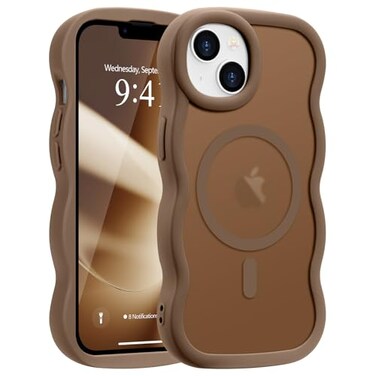 Pepmune for iPhone 1415 Plus Case Curly Wave Frame Hard Translucent Clear Cover for Women Men Compatible with Magsafe TPU Shockproof Protective Phone Case for iPhone 1514 Plus Desert Gold