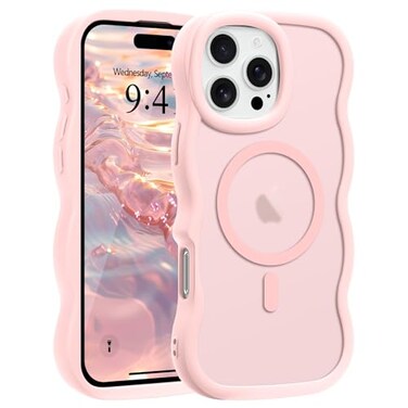 Pepmune for iPhone 16 Pro Case Curly Wavy Frame Hard Translucent Matte Clear Back Cover for Women Men Compatible with Magsafe TPU Bumper Shockproof Drop Protection Phone Case for iPhone 16 Pro Pink