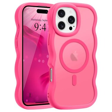 Pepmune for iPhone 16 Pro Max Case Curly Wavy Frame Hard Translucent Matte Clear Back Cover for Women Men Compatible with Magsafe Shockproof TPU Bumper Phone Case for iPhone 16 Pro Max Hot Pink
