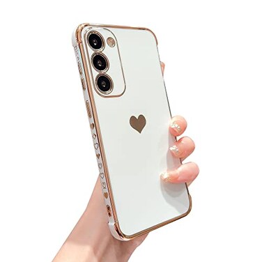 phylla Design for Samsung Galaxy S23 Plus 5g 66 Phone CaseLuxuxry Plating Edge Cute Love Heart Cover for Women Camera Protector Soft Silicone Shockproof Bumper for Galaxy S23 Case White