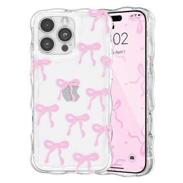 QLTYPRI Bow Case for iPhone 12 Pro Cute Ribbon Bows Wavy Curly Frame Clear Phone Case for Girls Women Aesthetic Bowknot Transparent Soft Silicone TPU Bumper Shockproof Protective Cover Pink