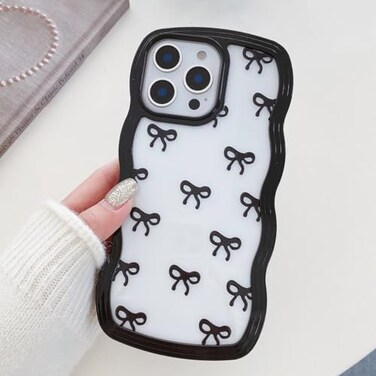 QLTYPRI Bow Case for iPhone 12iPhone 12 Pro Clear Cute Ribbon Bow Phone Case Curly Wavy Aesthetic Phone Case Slim Soft Transparent Shockproof Protective Cover for Women Girls Black