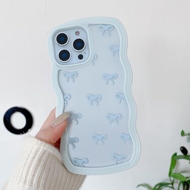 QLTYPRI Bow Case for iPhone 15 Pro Max Clear Cute Ribbon Bow Phone Case Curly Wavy Aesthetic Phone Case Slim Soft Transparent Shockproof Protective Cover for Women Girls Light Blue