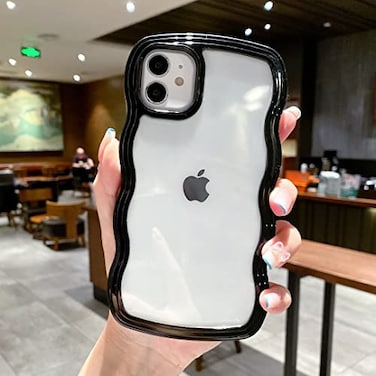 QLTYPRI Compatible with iPhone 11 Pro Max Case Cute Curly Wave Frame Clear Case for Girls Women Transparent Soft Silicone TPU Bumper Shockproof Protective Phone Cover Black