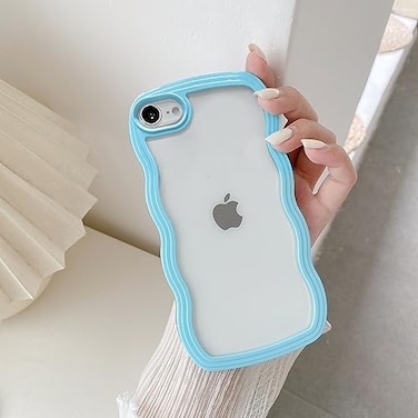 QLTYPRI Compatible with iPhone 78SE Case Cute Curly Wave Frame Clear Case for Girls Women Transparent Soft Silicone TPU Bumper Shockproof Protective Phone Cover Sierra Blue