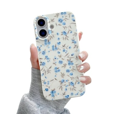 QLTYPRI for iPhone 16 Case Cute Pink Floral Flower Pattern Aesthetic Phone Case Raised Camera Protection Soft Slim TPU Shockproof Protective Phone Cover for Girls Women Blue