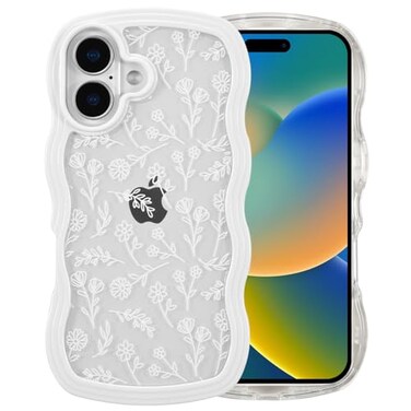 QLTYPRI for iPhone 16 Plus Case Curly Wave Frame Clear Phone Case with Aesthetic Floral Flower Design for Girls Women Clear Soft Silicone TPU Bumper Shockproof Protective Cover WhiteWhite