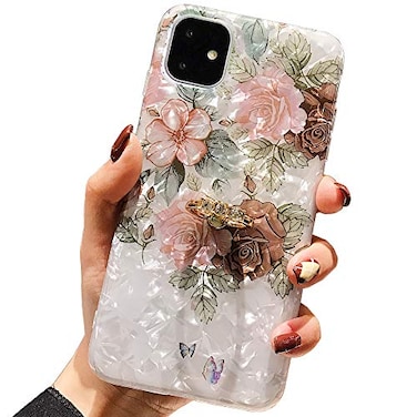 Qokey Compatible iPhone 11 Case 61 inch Floral Clear Flower Design for Women with 360 Rotating Ring Stand Holder Kickstand Soft TPU Shockproof Cover Brown Flower