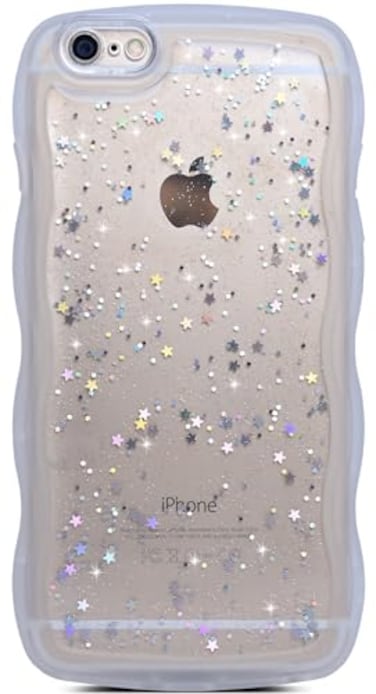 Qokey for iPhone 6S CaseiPhone 6 Case 47Curly Wavy Design Transparent Bling Glitter Star Shiny Cute Clear Transparent Full Protection Soft TPU Shockproof Phone Cover for Women GirlsClear