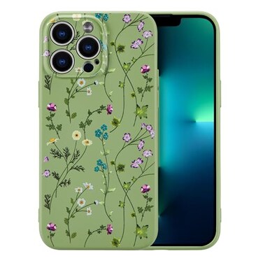 RALEAVO Floral Case for iPhone 13 Pro MaxLiquid Silicone Cover with Cute Flower Branch Pattern for Girls Women Slim Soft Rubber Protective Phone Case for iPhone 13 Pro Max 67Green