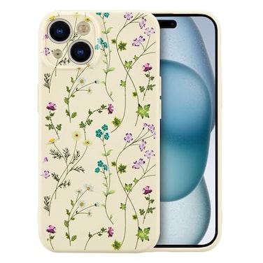 RALEAVO Floral Case for iPhone 15 PlusLiquid Silicone Cover with Cute Flower Branch Pattern for Girls Women Slim Soft Rubber Protective Phone Case for iPhone 15 Plus 67Beige