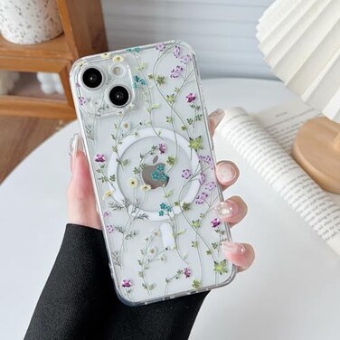 RALEAVO for iPhone 14 Case Compatible with MagSafe Clear Floral Cover with Flower Branch Pattern for Girls Women Slim Cute Hard Back Shockproof Phone Case for iPhone 14Transparent