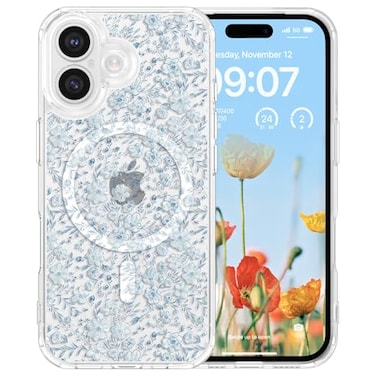 RALEAVO for iPhone 16 Case Compatible with MagSafe Clear Floral Pattern Design Cute for Girls Women Slim Magnetic Hard Back Shockproof Phone Case for iPhone 16Blue Flowers