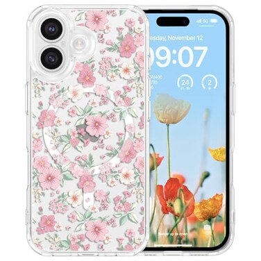 RALEAVO for iPhone 16 Case Compatible with MagSafe Clear Floral Pattern Design Cute for Girls Women Slim Magnetic Hard Back Shockproof Phone Case for iPhone 16Pink Flowers