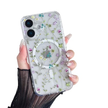 RALEAVO for iPhone 16 Plus Case Compatible with MagSafe Clear Floral Cover with Flower Branch Pattern for Girls Women Slim Cute Hard Back Shockproof Phone Case for iPhone 16 PlusTransparent