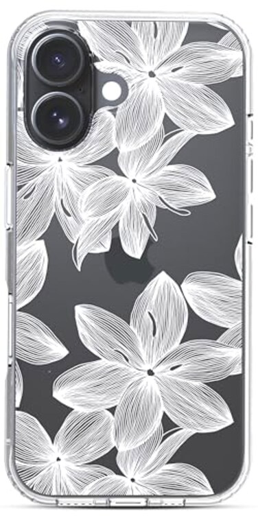 RÎ›NZ Ranz Case for iPhone 16 AntiScratch Shockproof Series Clear Hard PC TPU Bumper Protective Cover Case for iPhone 16 61 White Flower