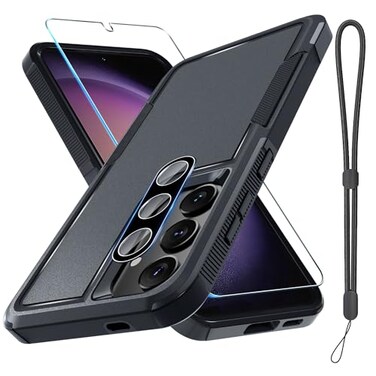 RMOCR Case for Samsung Galaxy S24 FE Full Body Heavy Duty Rugged Shockproof Protective Phone Cover with Lanyard Strap Tempered Glass Screen Protector and Camera Lens Cover Black Matte