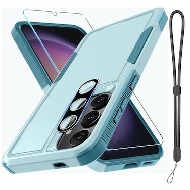 RMOCR Case for Samsung Galaxy S24 FE Full Body Heavy Duty Rugged Shockproof Protective Phone Cover with Lanyard Strap Tempered Glass Screen Protector and Camera Lens Cover Mint Green