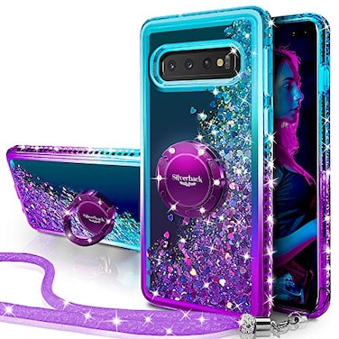 Silverback for Samsung Galaxy S10 Plus Case Moving Liquid Holographic Glitter Case with Ring Stand Girls Women Bling Diamond Slim Protective Case for Galaxy S10 Purple