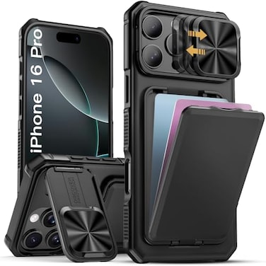 SSLOTSCASE for iPhone 16 Pro Case with Card Holder Kickstand Slide Camera Lens Cover Silicone Edge Rugged Shockproof Protective Phone Case Cover for iPhone 16 Pro 63 2024 Black
