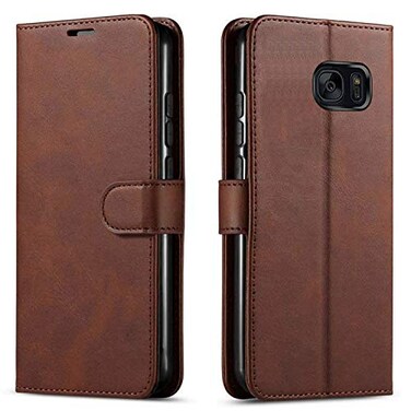STARSHOP Compatible with Samsung Galaxy S7 Phone Case Cover with Tempered Glass Screen Protector Included PU Leather Wallet Shockproof Kickstand Card Slots Magnet Closure Brown