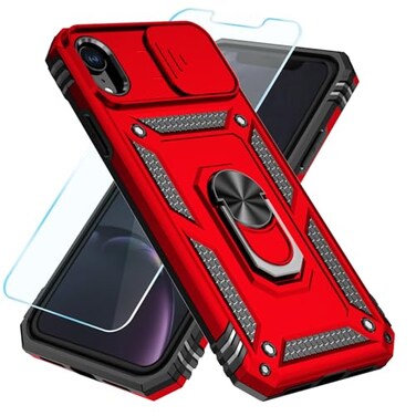 SunStory Compatible with iPhone XR Case with HD Screen Protector Slide Camera Cover Rotated Ring Kickstand MilitaryGrade Phone Case for iPhone XRRed