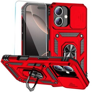 SunStory Phone Case for iPhone 16 Plus Case with HD Screen Protector Slide Camera Cover Rotated Ring Kickstand MilitaryGrade Phone Case for iPhone 16 Plus 67 Red