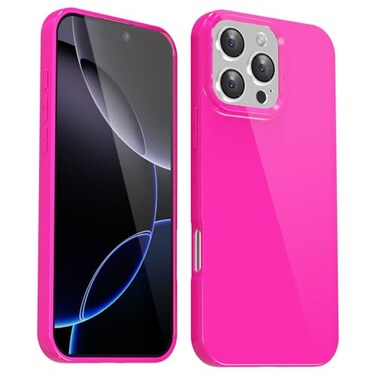 Svanove for iPhone 16 Pro Max Case Silicone Glossy Soft Rubber Gel Jelly Cute Protective Plastic Simple Plain Phone Case Cover for Women Girl Slim Thin Flexible Shockproof TPU Neon Hot Pink